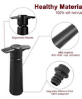 Close-up of Wine Saver Pump With 4 Vacuum Stoppers showing ergonomic handle and silicone cork, fits standard bottles, rustproof material.