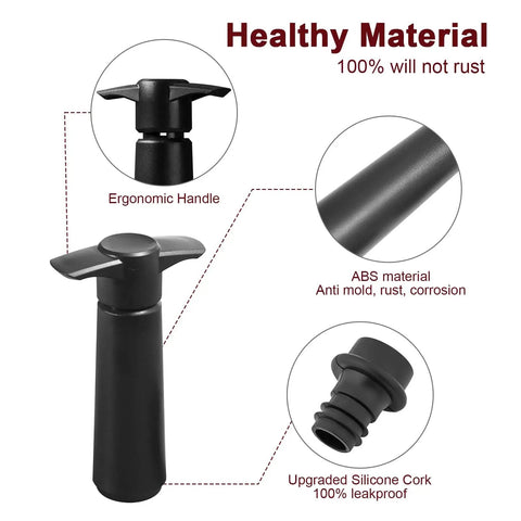 Close-up of Wine Saver Pump With 4 Vacuum Stoppers showing ergonomic handle and silicone cork, fits standard bottles, rustproof material.