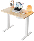 Compact 32 Inch Electric Standing Desk With Four Memory Height Settings For Home Office And Computer Workstation In Light Walnut Finish with laptop
