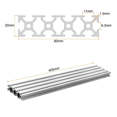 T Slot 2080 Aluminum Extrusion Profile 400mm By 80mm European Standard Heavy Duty Linear Rail Frame For 3D Printer CNC DIY Projects Silver Tone Built To Last And Easy To Build For Prototyping And Home Shop, 6063-T5 section view