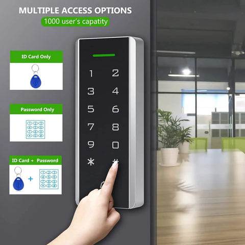 Proximity ID Card Access System With Keypad 125KHz Reader Supports Swipe Or Password 1000 User Capacity 5 Keychains Ultra Narrow ABS Enclosure