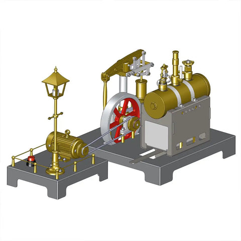 Full Metal Beam Steam Engine Model Kit With Horizontal Boiler And Centrifugal Regulator For DIY Assembly, Educational Physics Fun For Adults, Science Nerds, History Buffs, And Steam Power Hobbyists. metal beam steam engine with lamp and boiler on base