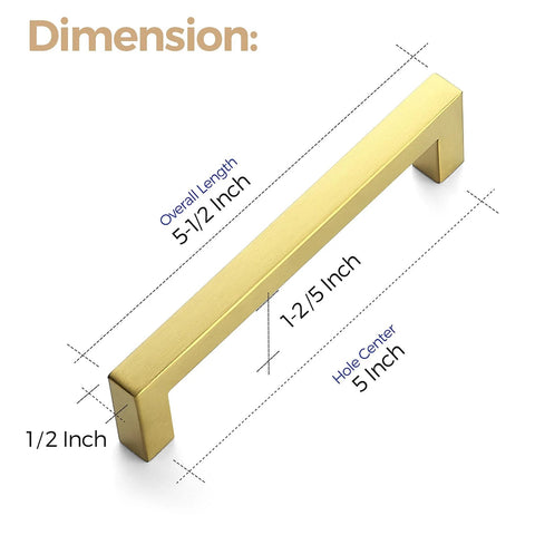 Dimensions of 5 Inch Square Cabinet Pull in Brushed Brass, showing length and diameter for 30 Pack 5 Inch Stainless Steel Cabinet Handles.