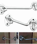 WUUWCHODC Snap Latch Hook for Gate Cabin Shed Heavy Duty Push Button in silver with installation on wooden doors.