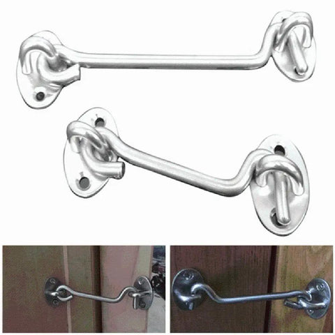 WUUWCHODC Snap Latch Hook for Gate Cabin Shed Heavy Duty Push Button in silver with installation on wooden doors.