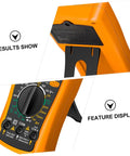 Close-up of Dm850 Auto Range Digital Multimeter with results and feature display, ideal for DIY home repair and electronics projects.