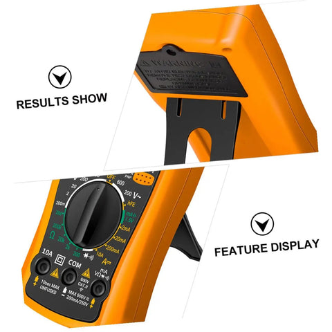 Close-up of Dm850 Auto Range Digital Multimeter with results and feature display, ideal for DIY home repair and electronics projects.