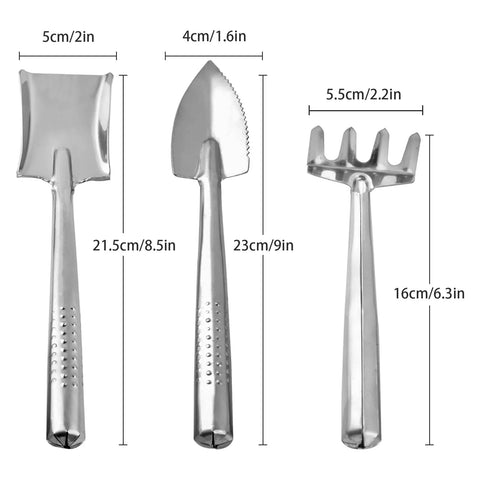 Three Piece Mini Garden Tools Set Stainless Steel Triangle Shovel Square Transplant Spade And Hand Rake Lightweight For Loose Soil