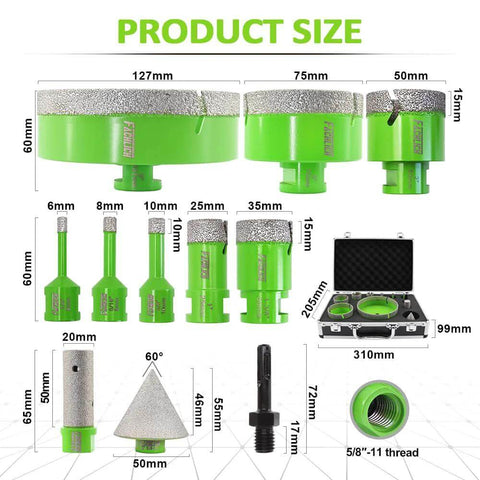 FACHLICH diamond core drill set for tile; hole saws 6–127 mm and 2-inch beveling bits, 11-piece kit with case