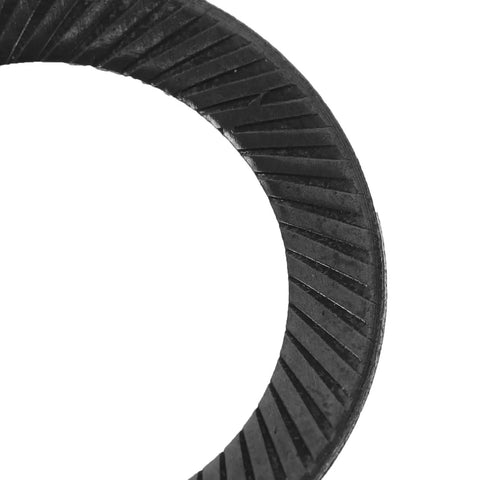 Close-up of a black ironclad grip 72 Piece Set Double Tooth Lock Washer, showcasing its textured surface for anti-vibration use.