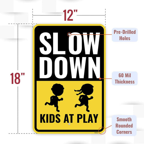 Two Pack Slow Down Kids At Play Sign Aluminum 18 By 12 Inches Durable 60 Mil Thick Street Safety Sign Bright Color Printed