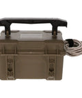 Rugged 12 Volt Battery Box For Trail Cameras, compact design with handle and charging cord, ideal for outdoor use.