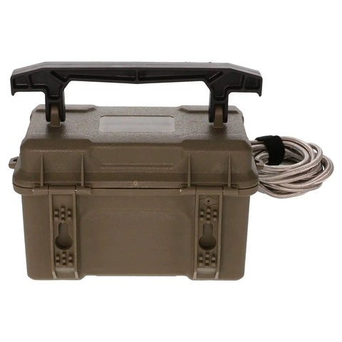 Rugged 12 Volt Battery Box For Trail Cameras, compact design with handle and charging cord, ideal for outdoor use.