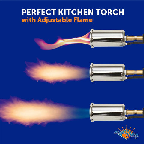 Pro Searer Kitchen Torch For Searing Meats And Fish, Sous Vide Finish, Caramelize Creme Brulee illustrated with flame settings