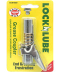 LockNLube leak-proof grease coupler with secure locking design in packaging