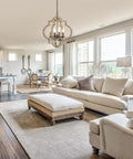 Living room featuring Orb Farmhouse Chandelier 4 Light Handmade Wood Rustic Vintage Pendant, cozy country vibe, 15.7 inch diameter over seating.