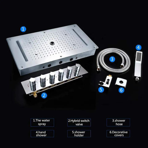 Heavy Duty 15 By 28 Inch Led Ceiling Rain Shower Head With Handheld Spray Antique Brass Finish components layout image.