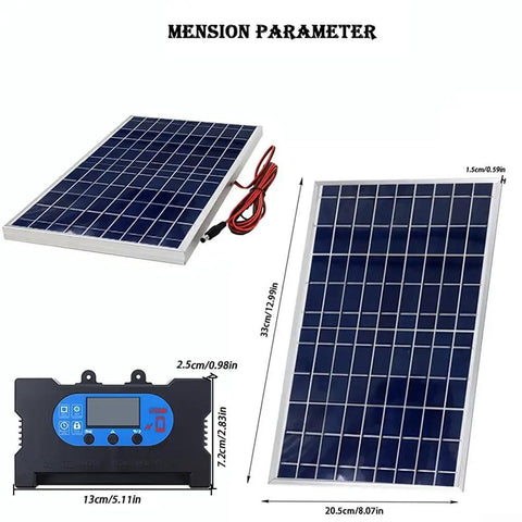 Compact 10W Solar Panel Kit With Integrated Charge Controller For Smooth 12V Battery Charging And Efficient Monocrystalline Performance Geared Up For Camping Tailgating And Off Grid Adventures To Keep Your Gear Juiced On The Trail. Image shows solar panel with wires and charge controller dimensions.