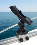 Heavy Duty Fishing Rod Holder for 90 Degree Boat Track System Side Mount with Aluminum Bracket Base 360 Degree Rotating for Versatrack Ranger Track System Bass Tracker and Track Boats, mounted on boat rail