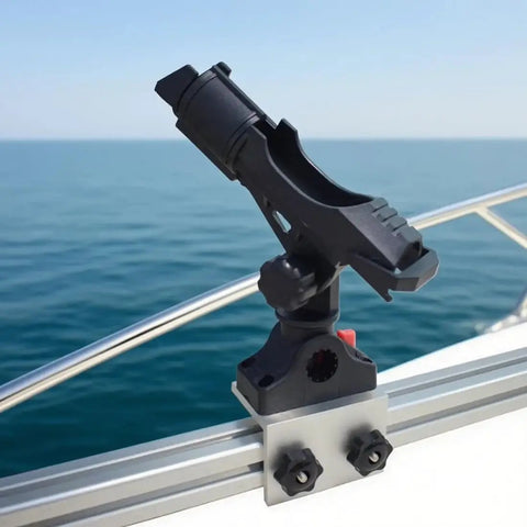 Heavy Duty Fishing Rod Holder for 90 Degree Boat Track System Side Mount with Aluminum Bracket Base 360 Degree Rotating for Versatrack Ranger Track System Bass Tracker and Track Boats, mounted on boat rail