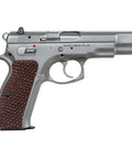 Palm Swell Grips For CZ 75 Full Size Orange Black G10 With Palm Texture installed on silver handgun, side view