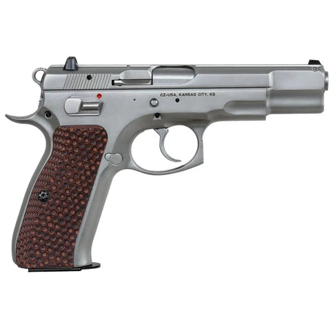 Palm Swell Grips For CZ 75 Full Size Orange Black G10 With Palm Texture installed on silver handgun, side view
