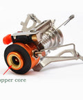 Copper core detail of lightweight portable camping stove for backpacking and hiking with Piezo ignition, wind resistant design.