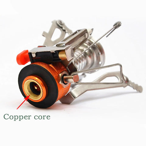 Copper core detail of lightweight portable camping stove for backpacking and hiking with Piezo ignition, wind resistant design.