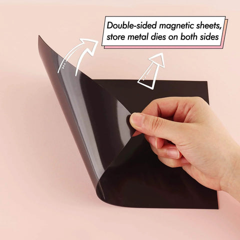 Hand holding six pack 0.8mm thick double sided rubber magnetic sheets for metal dies, scrapbooking and craft storage, flexible use