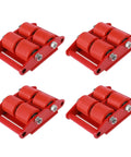 Four Pack Heavy Duty Machinery Rollers With Thirteen Thousand Two Hundred Lb Capacity, rust red skates for equipment movement.