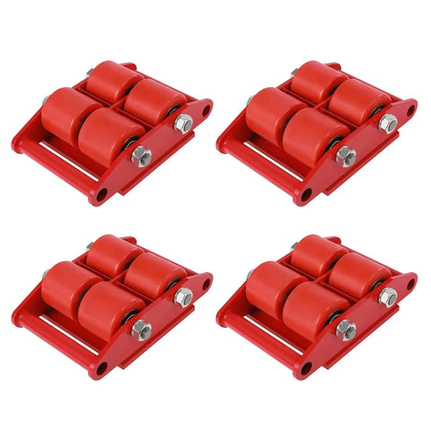 Heavy Duty Industrial Machinery Movers Four Pack Rolling Cargo Dolly Skates Moving Heavy Loads Without Breaking a Sweat Red dollies with PU wheels.