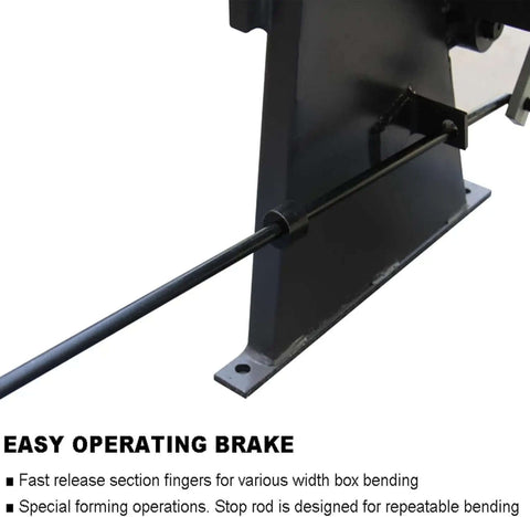 Close-up of Box And Pan Style Metal Brake For 50 Inch Sheet Metal, 16 Gauge Capacity Up To 135 Degree Bends, showing easy operating brake mechanism.