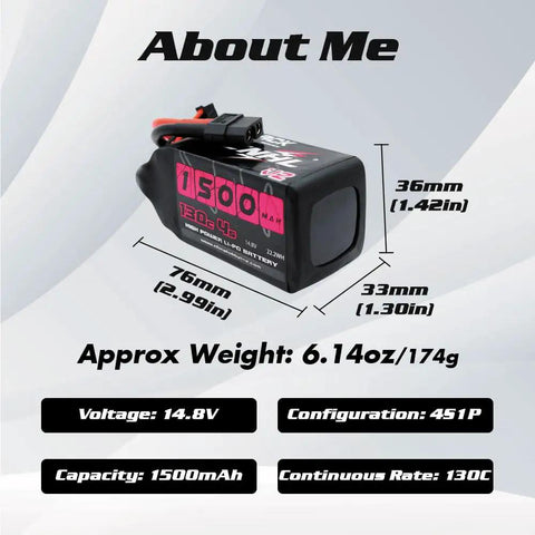 Dimensions and specifications of 1500mAh 4S LiPo Battery 130C Burst 260C With XT60 Plug for FPV Drones, RC Quadcopters