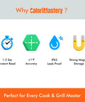 Digital Meat Thermometer With Backlight And Hold Calibration And Waterproof IP65 Fast 1 To 2 Second Temperature Read Ultra Accurate From -58F To 572F Ideal For Cooking Grilling Camping BBQ And Candy Making features icons of instant read, accuracy, IP65 waterproof, and magnet storage on benefits infographic.