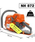 Heavy Duty Gas Chainsaw With 28 Inch Bar 71cc 5.3HP Professional Power Head For Commercial Forestry, showing side view dimensions.