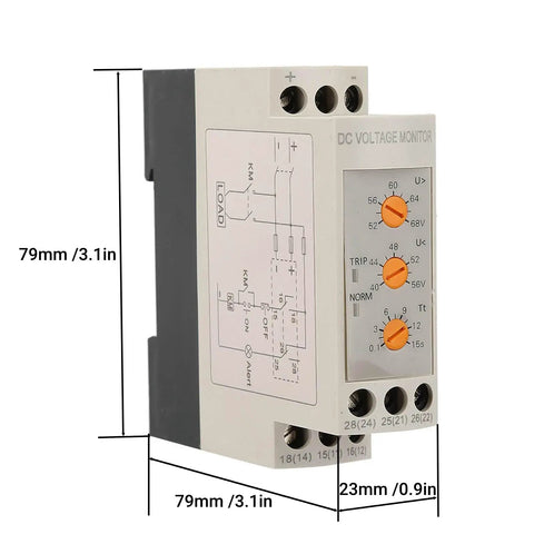 Voltage Monitoring Relay For Single Phase Systems With Adjustable Over Voltage And Under Voltage Protection, 35mm DIN Rail Mount, DC 48V