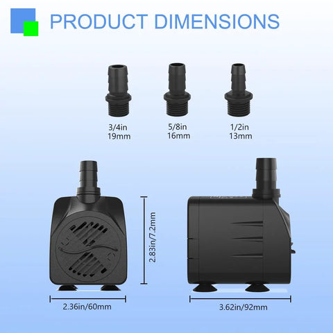 Ultra Quiet 400 GPH Submersible Fountain Pump For Fountains Ponds Aquariums And Hydroponics With Six Feet Power Cord Low Noise Motor Durable Build Built To Last And Adjustable Flow Nozzles One Half Inch Five Eighths Inch And Three Quarters Inch product dimensions and nozzle sizes.