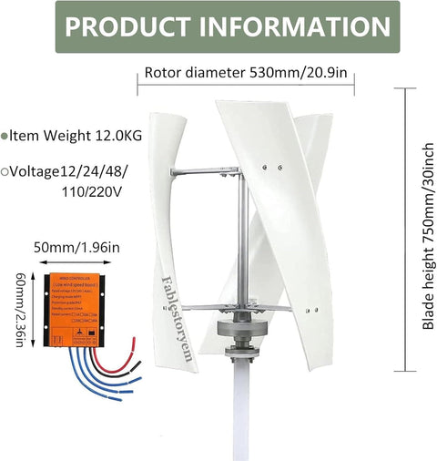 Beefed Up Vertical Axis Wind Turbine Generator 10000W 12000W With MPPT Controller, details of rotor diameter and blade height