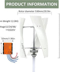 Upgraded 12000W Vertical Axis Wind Turbine Kit with MPPT Controller featuring FRP blades and dimensions.