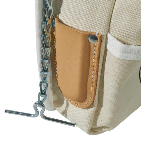 Close-up of beige Canvas And Leather 5 Pocket Tool Pouch With Chain Tape Thong And Tunnel Belt Connection for Pros and DIYers.