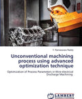 Book front cover: Unconventional machining with advanced optimization; orange robotic arm wire-EDM on engine block; LAP Lambert logo