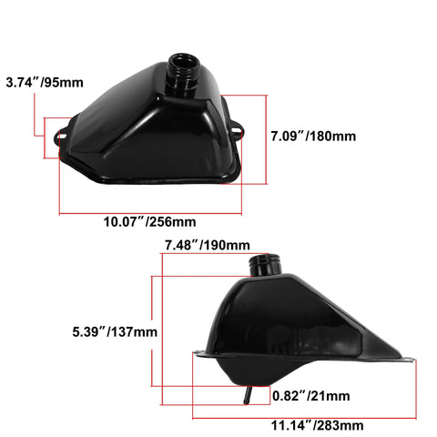 Dimensions of black Metal Gas Fuel Tank With Threaded Cap For 50cc 70cc 90cc 110cc 125cc ATVs Quad Bikes Fits Coolster Roketa Taotao Baja