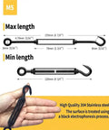 M5 Hook And Eye Turnbuckle Set Of 5 304 Stainless Steel Heavy Duty Wire Rope Tensioners with black finish in hand