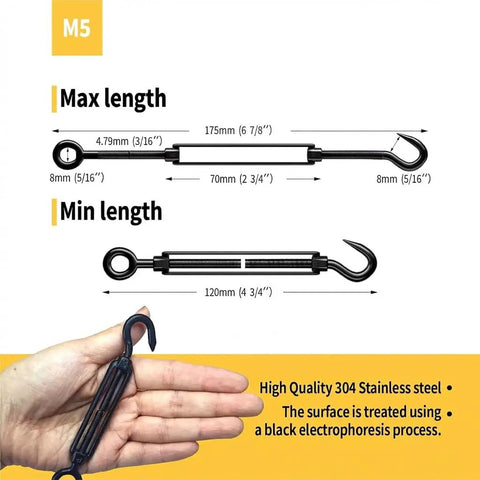 M5 Hook And Eye Turnbuckle Set Of 5 304 Stainless Steel Heavy Duty Wire Rope Tensioners with black finish in hand