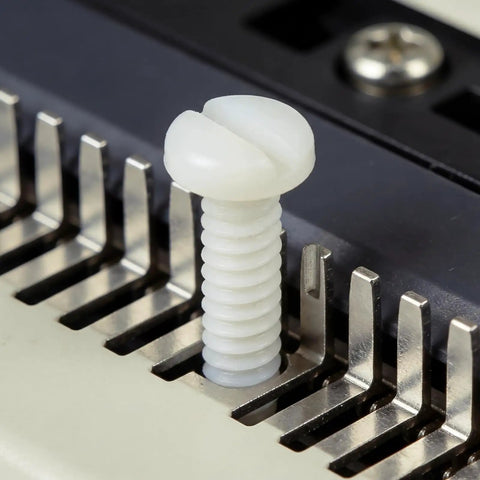 50 Pack White 632 X 1 2 Slotted Switch Plate Screws Includes Tidy Latch Container No Sweat Installation, close-up of nylon screw.