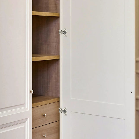 Home Expert concealed cabinet hinge, 1/2 in overlay, satin-nickel finish installed on white face-frame cabinet door