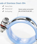 Close-up of 304 stainless steel pipe support clamp gripping a blue pipe, with adjustable bolt and silicone cushion