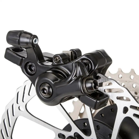 Two Sets Of Mechanical Mountain Bike Disc Brake Calipers Built To Perfection With Hardened Aluminum Alloy For Badass Braking Grip And Buttery Smooth Stops On Rough Terrain Or Paved Roads close up of disc brake caliper with black finish