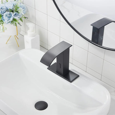 Automatic Sensor Matte Black Touchless Bathroom Sink Faucet With Drain Assembly installed in modern bathroom.