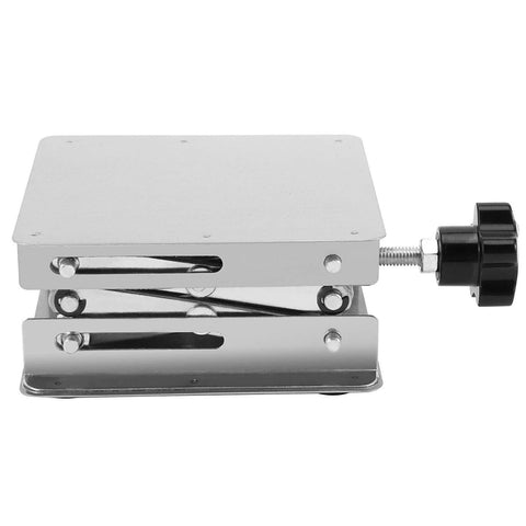 Stainless steel lab jack stand with 4x4 in platform and black hand wheel, manual lift